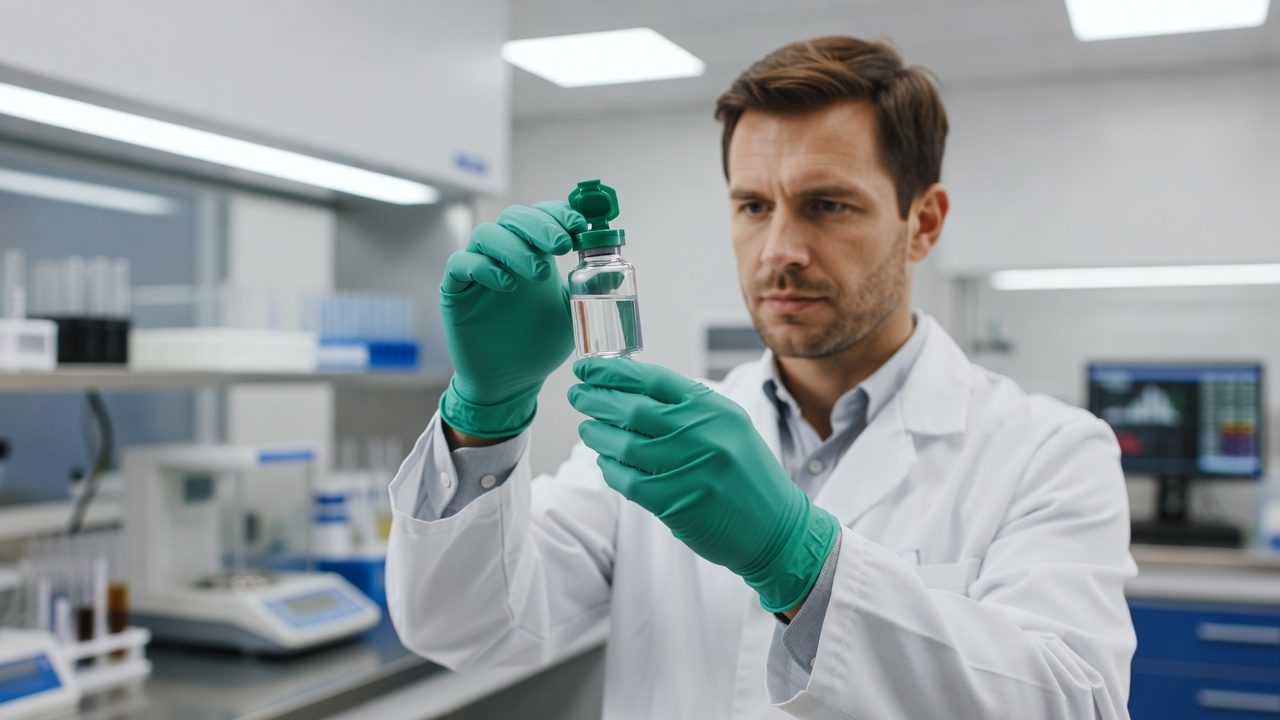 QST researcher inspecting peptide vial