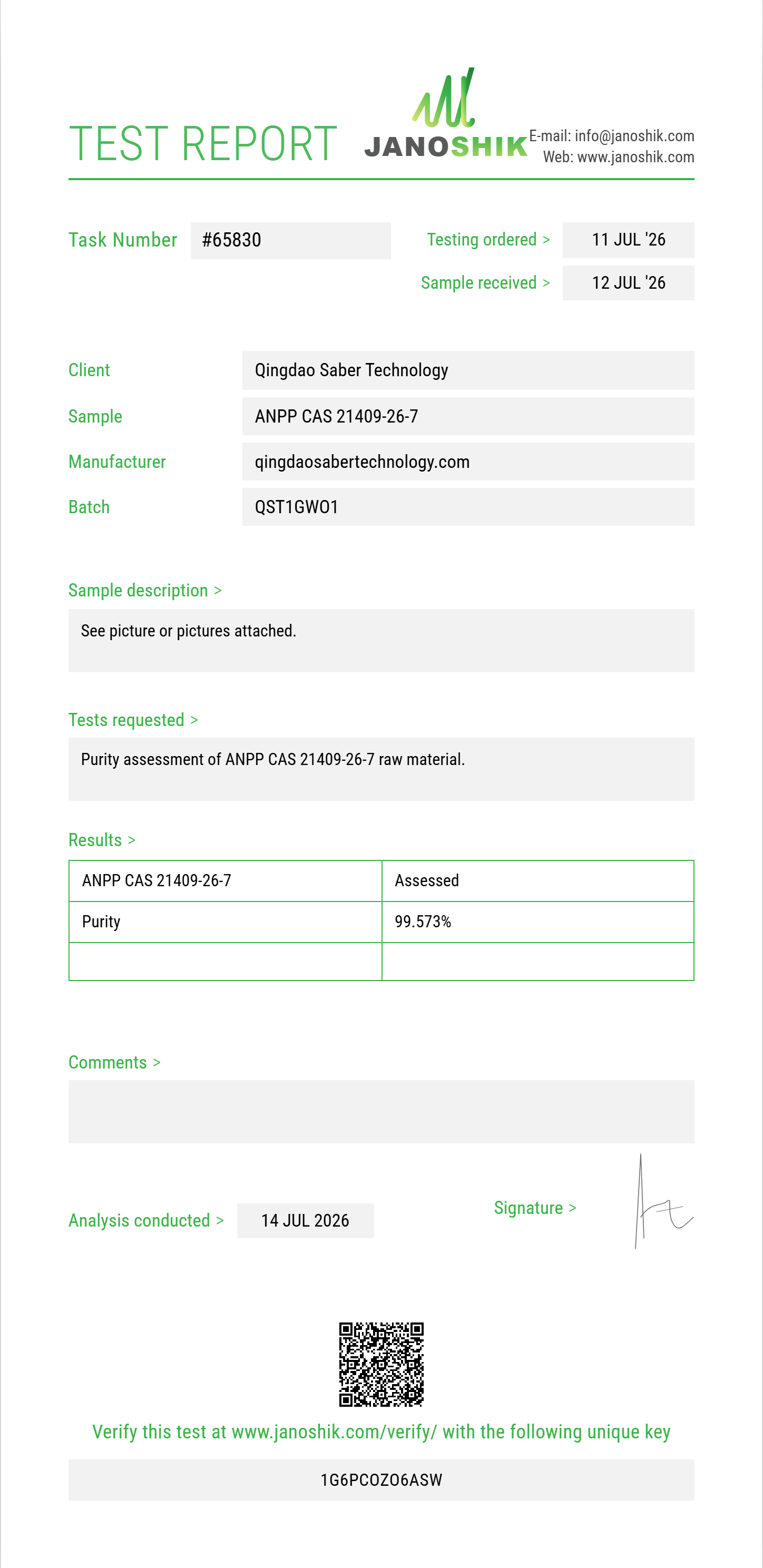 ANPP (4-anilino-N-phenethylpiperidine) CAS 21409-26-7 Purity (HPLC) report by Janoshik Analytical