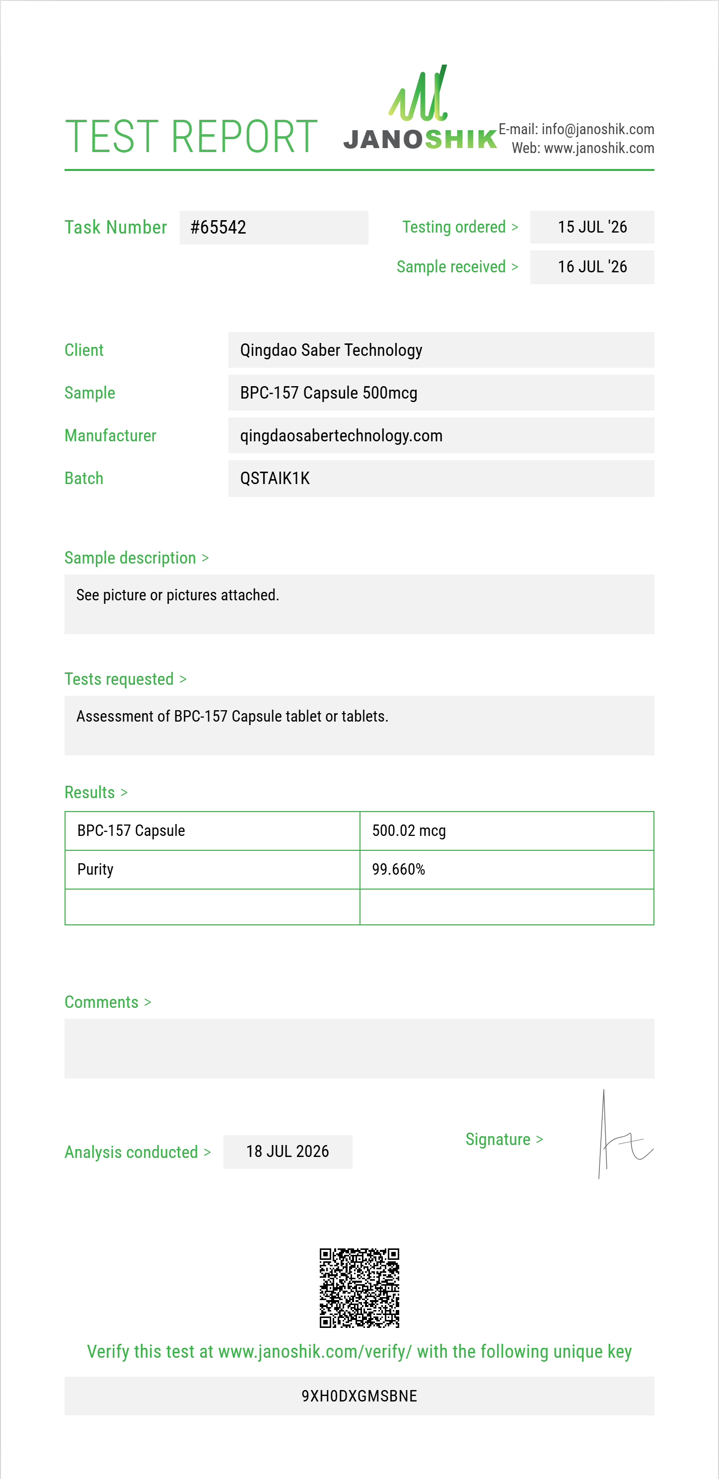 BPC-157 Capsule Purity (HPLC) report by Janoshik Analytical