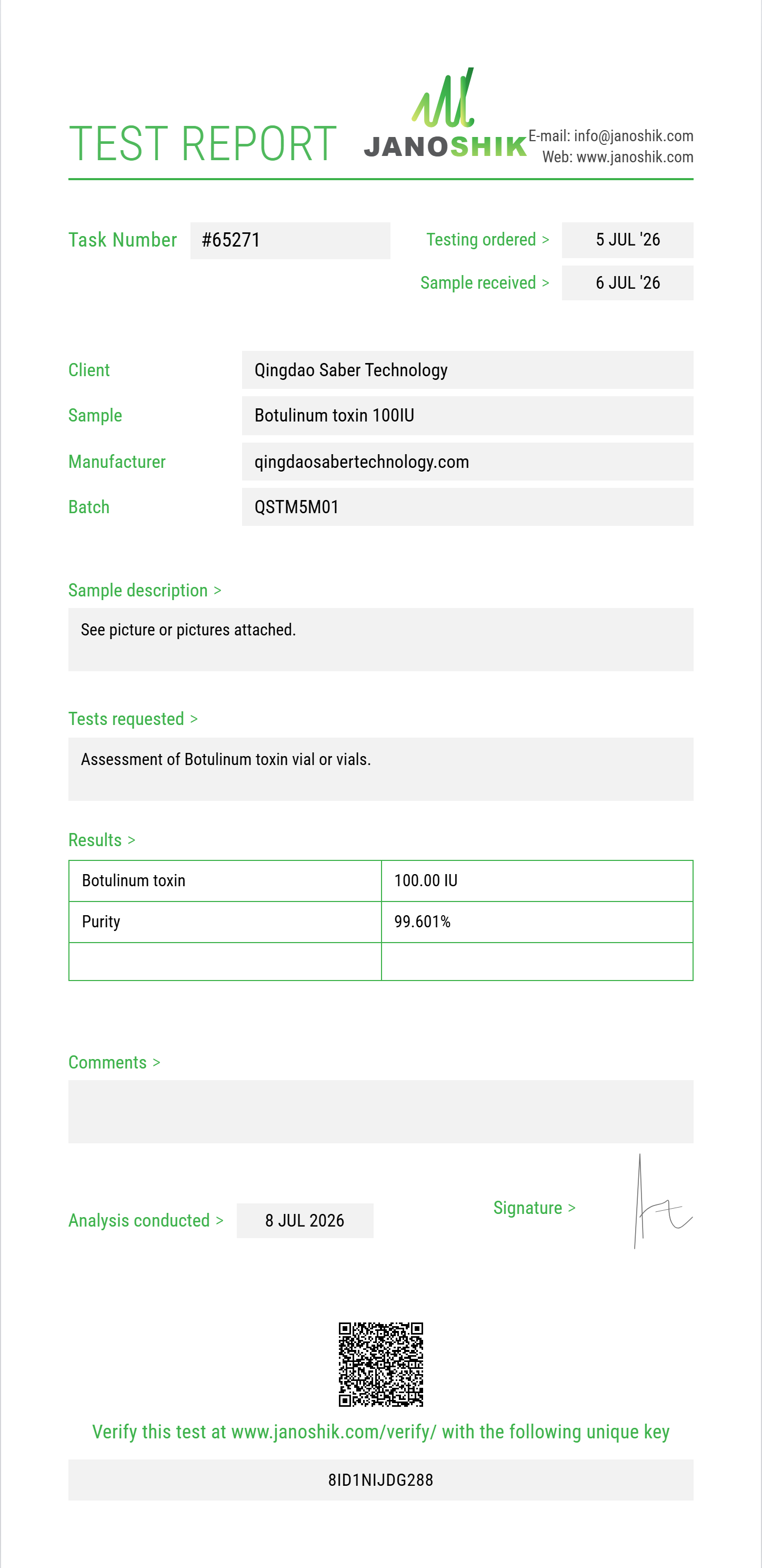 Botulinum toxin Purity (HPLC) report by Janoshik Analytical