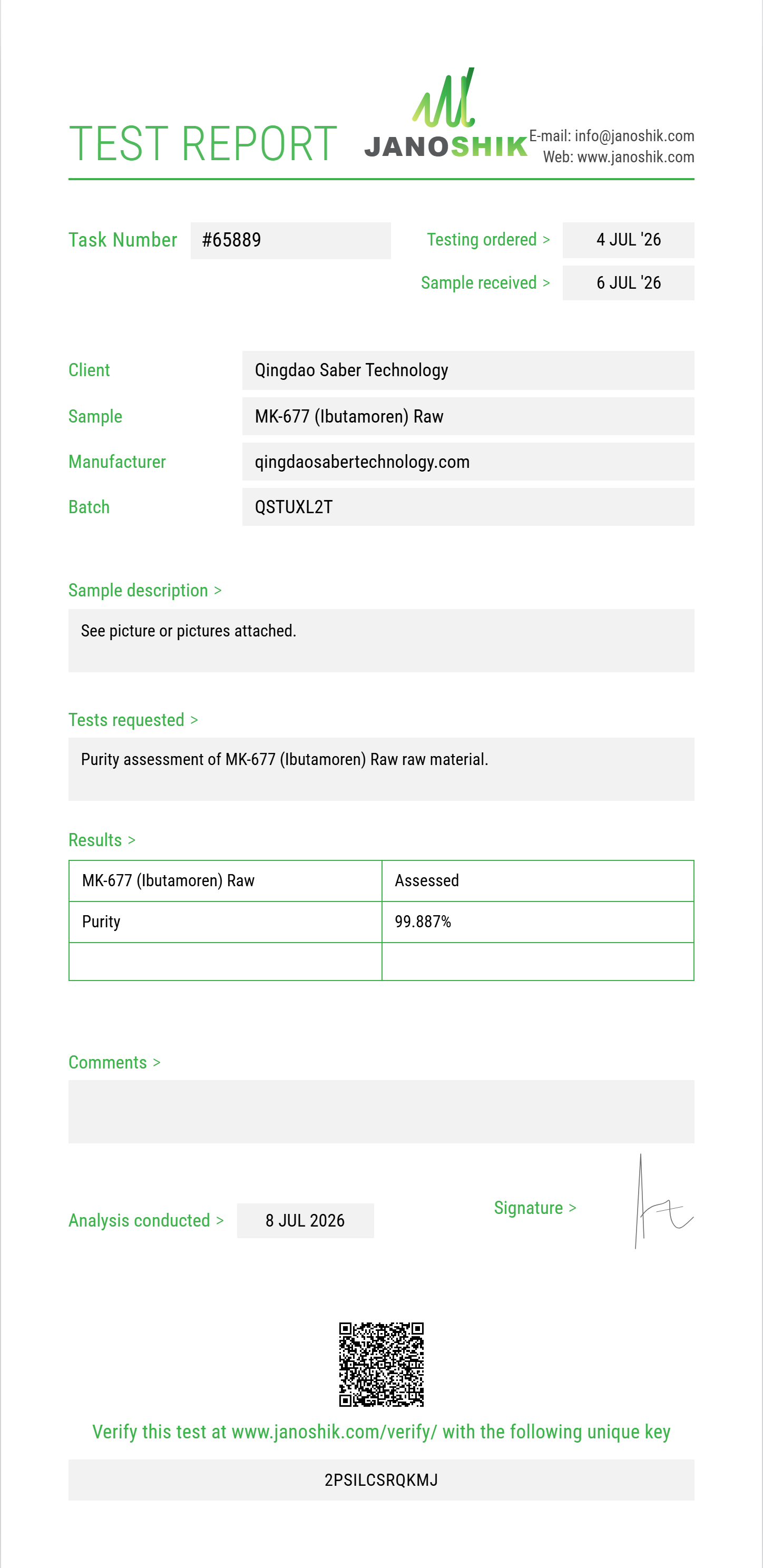 MK-677 (Ibutamoren) Raw Purity (HPLC) report by Janoshik Analytical