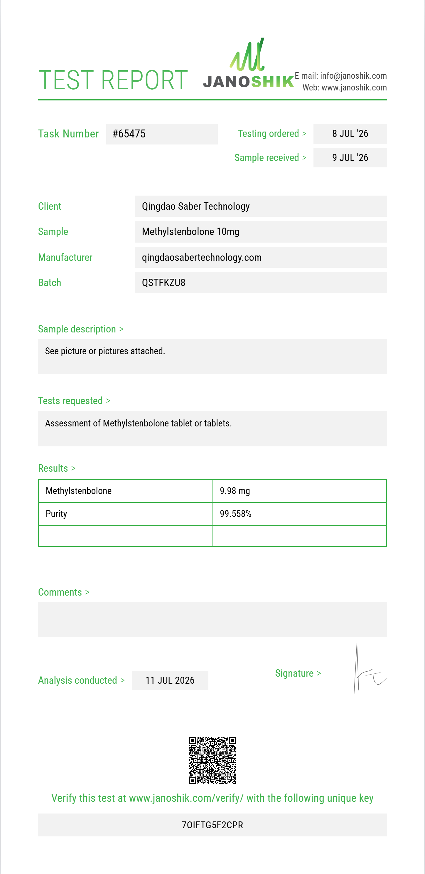 Methylstenbolone Purity (HPLC) report by Janoshik Analytical