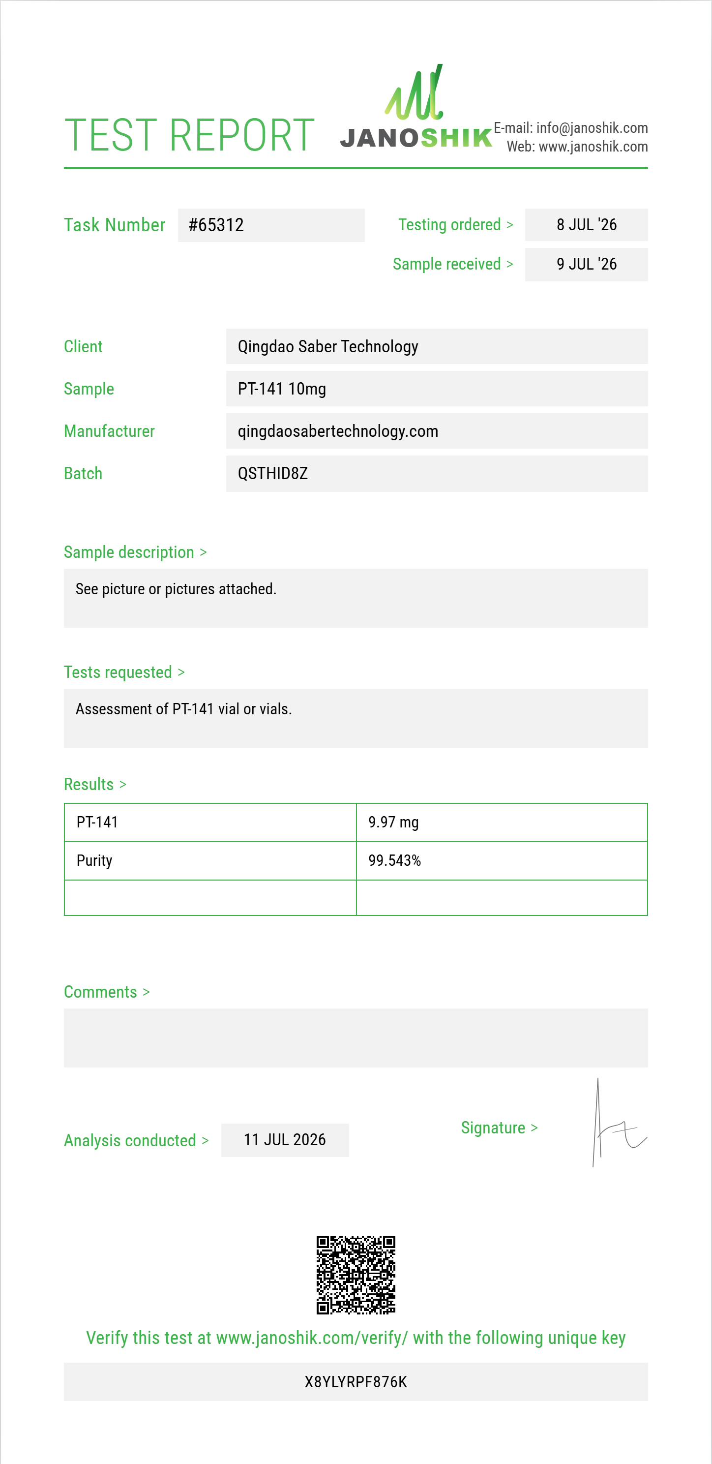 PT-141 Purity (HPLC) report by Janoshik Analytical