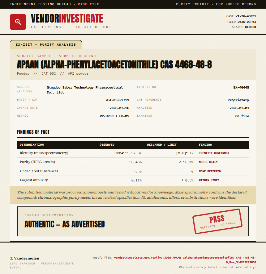 APAAN (alpha-phenylacetoacetonitrile) CAS 4468-48-8 Purity (HPLC) report by VendorInvestigate