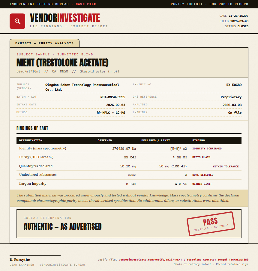 MENT (Trestolone Acetate) Purity (HPLC) report by VendorInvestigate