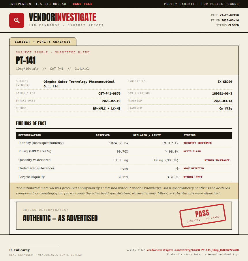 PT-141 Purity (HPLC) report by VendorInvestigate