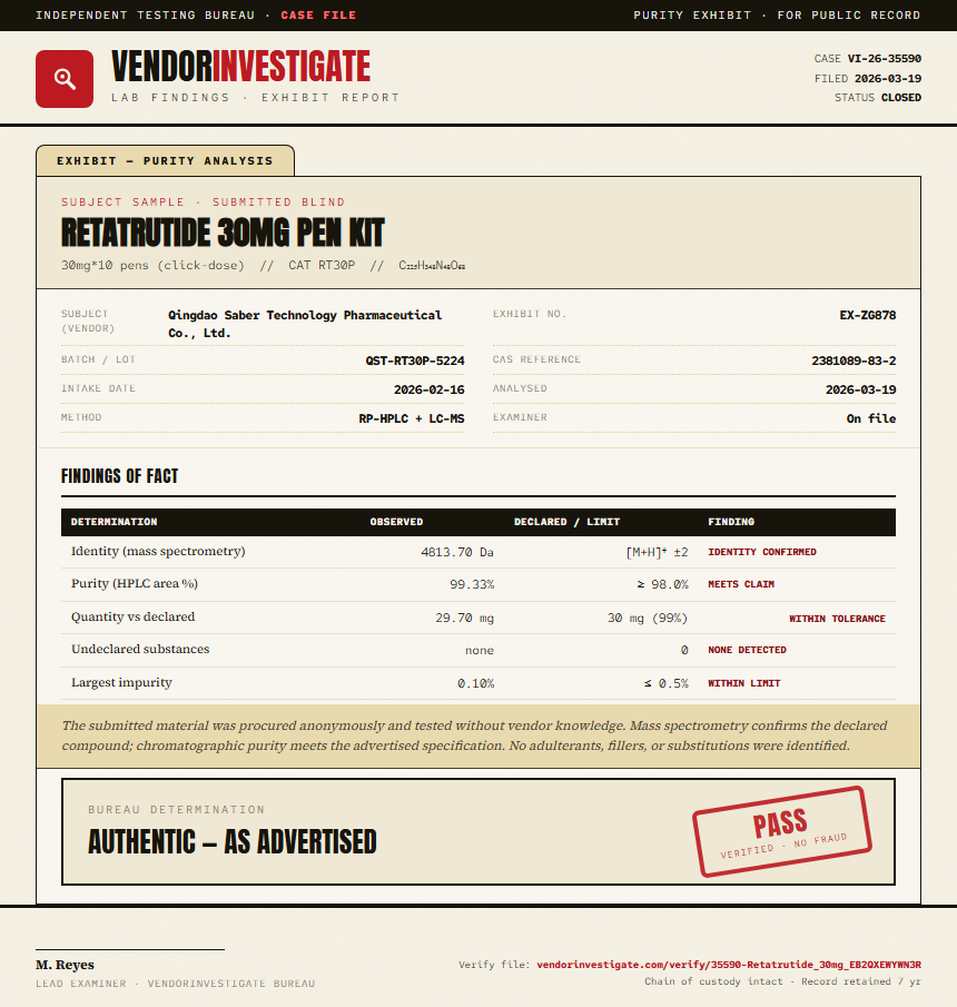 Retatrutide 30mg Pen Kit Purity (HPLC) report by VendorInvestigate