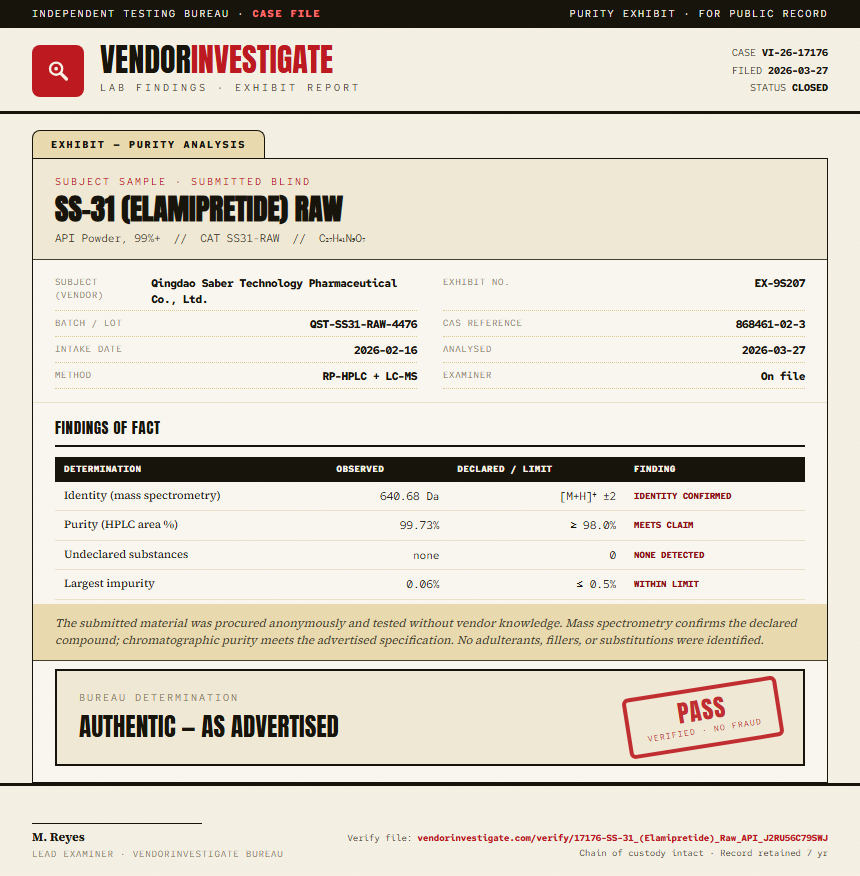 SS-31 (Elamipretide) Raw Purity (HPLC) report by VendorInvestigate
