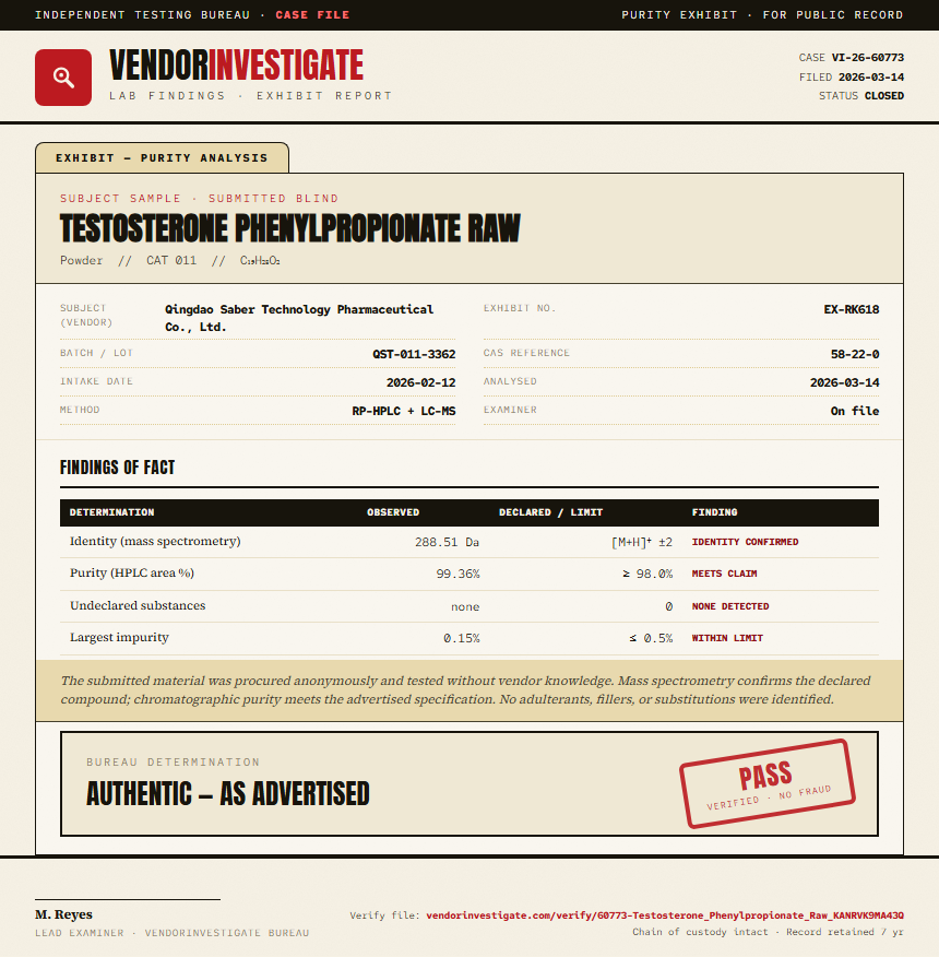 Testosterone Phenylpropionate Raw Purity (HPLC) report by VendorInvestigate